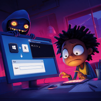 A panicked young developer or user with wide eyes and spiky hair sits at a desk in a room illuminated by neon pink and purple lighting. On the large computer monitor in front of him, an instruction graphic displays the "Windows Key + R" shortcut leading to an open "Run" command box. Above it, a black "Windows PowerShell" command-line window shows PS C:\>. Leering menacingly over the top of the monitor is a small, hooded creature with sharp teeth and glowing yellow eyes, representing a malicious script or hacker. The image serves as a visual metaphor for how scammers trick unsuspecting users into using terminal shortcuts to execute dangerous commands or install malware.