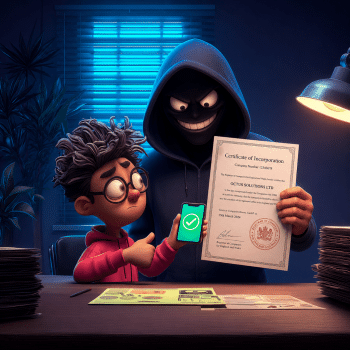 A 3D digital illustration set in a dimly lit office shows a naive young boy seated at a desk beside a sinister, hooded fraudster standing over him. The boy, wearing thick round glasses and a pink hoodie with his messy hair standing on end, looks uncertain as he holds up a smartphone displaying a glowing green checkmark icon, giving a tentative thumbs-up. Lurking right beside him, the fraudster is cloaked in a dark hoodie with glowing, villainous eyes and a sharp, sinister grin, proudly holding up a fraudulent "Certificate of Incorporation" for "OCTUS SOLUTIONS LTD" complete with an official-looking red seal. The wooden desk is cluttered with stacked paperwork, identity documents, and a pen, illuminated by a warm desk lamp that contrasts with the cold, blue ambient light filtering through the window blinds behind them.