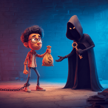 A 3D digital illustration portrays a tense extortion scene against a dark brick background split by dramatic red and blue lighting. On the left, a slender, curly-haired young man with oversized glasses, a red plaid flannel shirt over a white tee, jeans, and red sneakers stands chained by a heavy iron shackle around his right ankle. With an anxious, worried expression, he extends a bulging burlap sack stamped with a bold dollar sign ($). Facing him on the right is a shadowy, faceless villain draped in a long black hooded cloak with glowing yellow slit eyes. The cloaked extortionist holds up an ornate golden brass key in one hand while reaching the other hand out to demand the money in exchange for the captive's release.