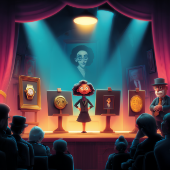 A collection of high-end collectibles, including a massive gold coin on a pedestal, a luxury sports car, and abstract art, is showcased in a sleek gallery. While mysterious, hooded figures - buyers - watch from the audience, highlighting the use of luxury goods for moving illicit funds.