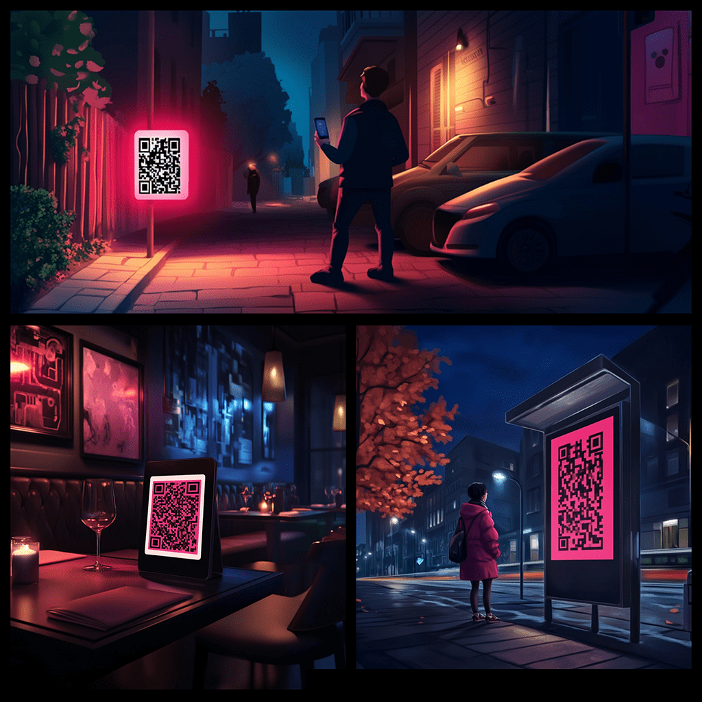 The image is a triptych showing three different night scenes where a glowing pink QR code is prominently displayed in various public settings: on a street sign, on a restaurant table tablet, and on a bus stop advertisement, with people interacting or passing by them.