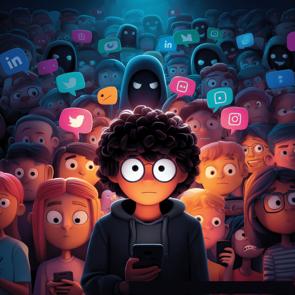 A small, red, hooded figure walks away from the viewer, surrounded by numerous hanging social media and communication app icons, appearing as if being entangled or controlled by their strings.