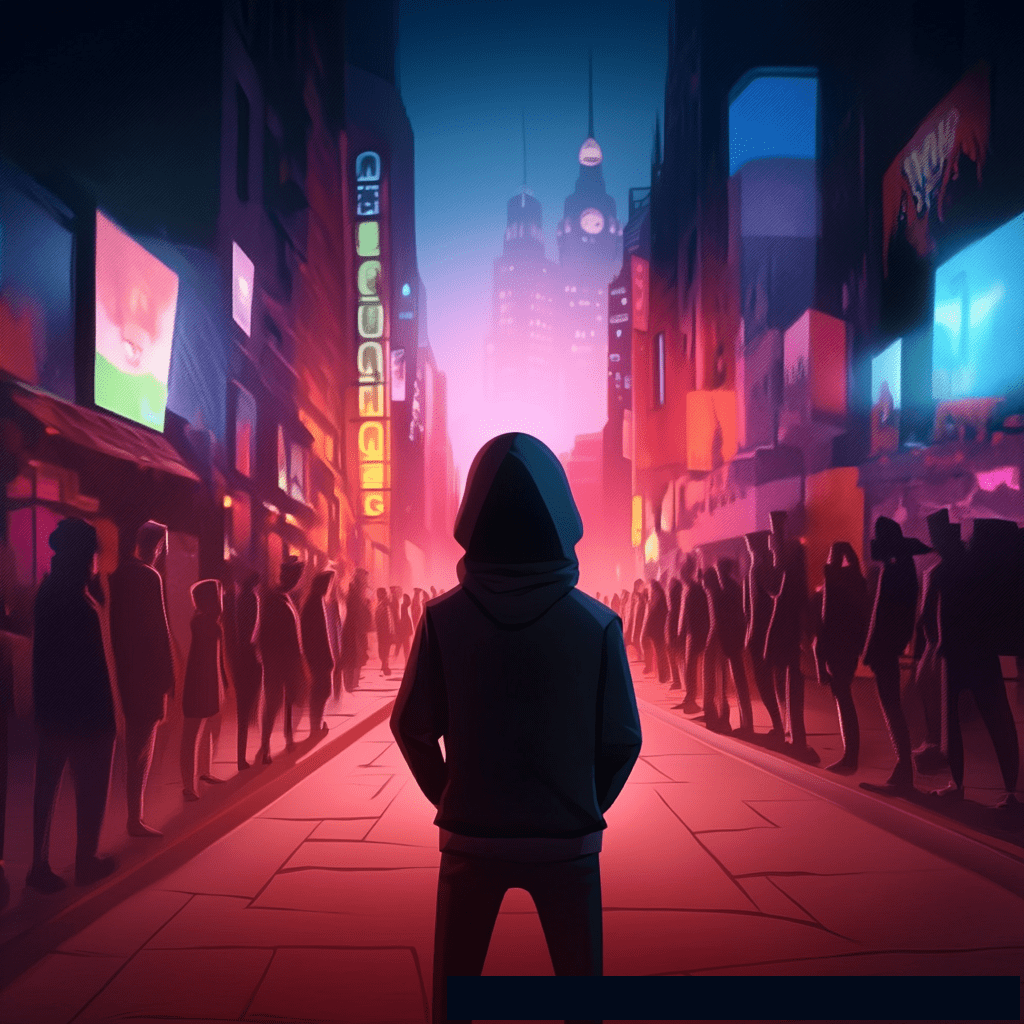 A lone, hooded figure stands with their back to the viewer, facing down a neon-lit futuristic city street filled with blurred crowds and vibrant advertisements.
