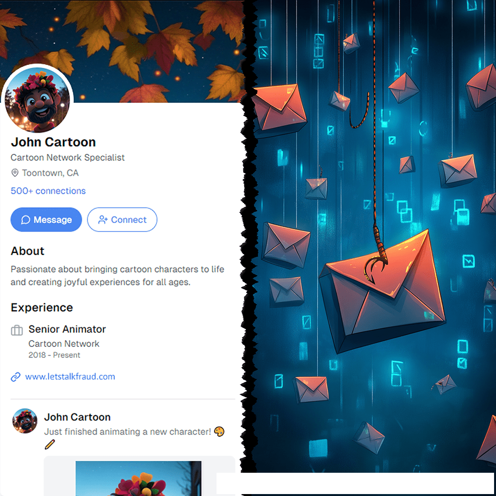 The image is split, with the left side showing a fake LinkedIn profile for "John Cartoon" with cartoon-themed details, and the right side depicting numerous digital envelopes hanging on strings against a blue background with binary code, suggesting a phishing or data collection operation.