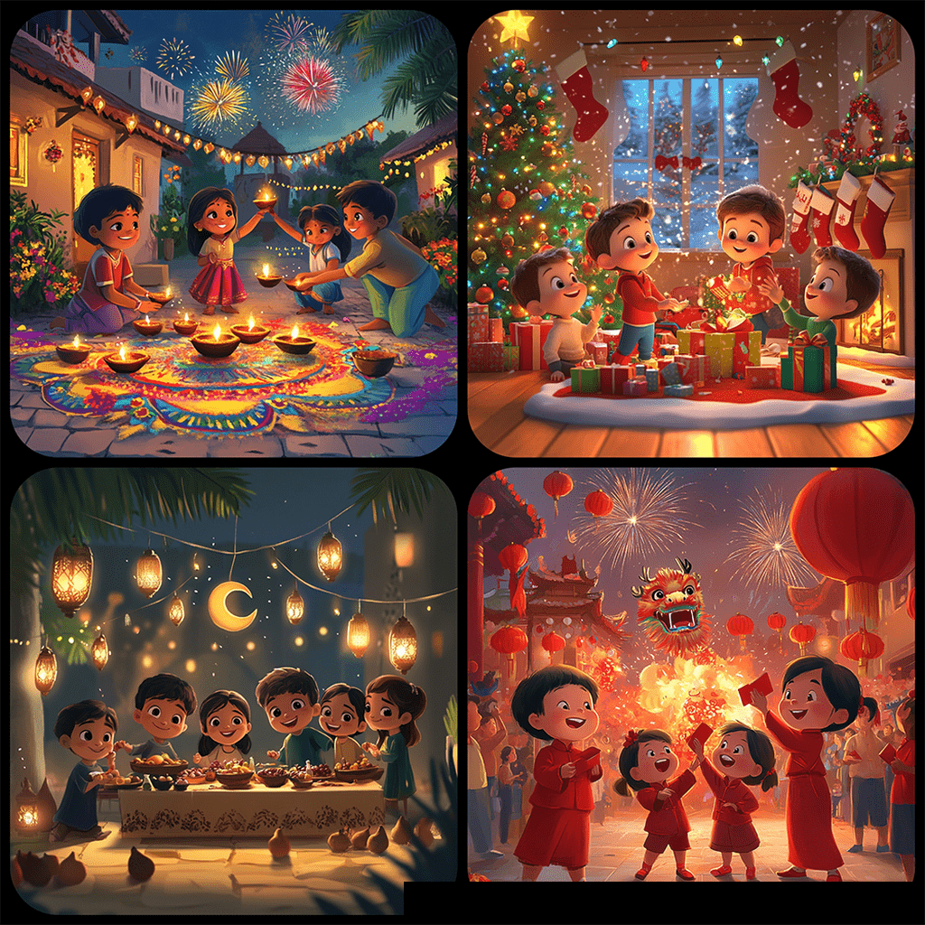 The image is a four-panel mosaic depicting different festive celebrations, including Diwali with diyas and fireworks, Christmas with presents under a tree, a moonlit Ramadan feast with lanterns, and a Chinese New Year celebration with a dragon dance and firecrackers.