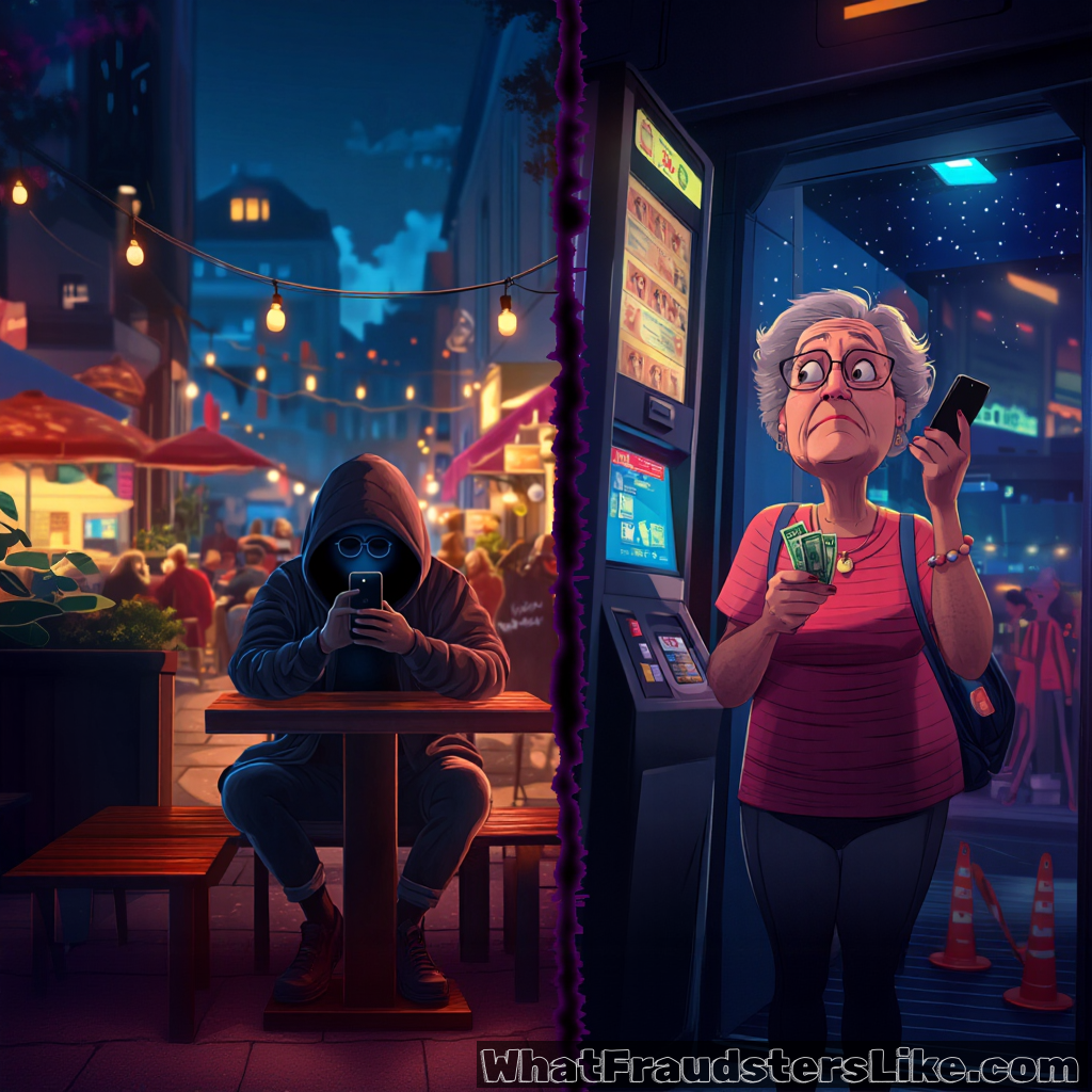 The image is split vertically: on the left, a hooded figure sits alone at a cafe table, engrossed in a phone amidst a lively outdoor setting, while on the right, an elderly woman looks perplexed and concerned while holding cash and a phone near an ATM at night.