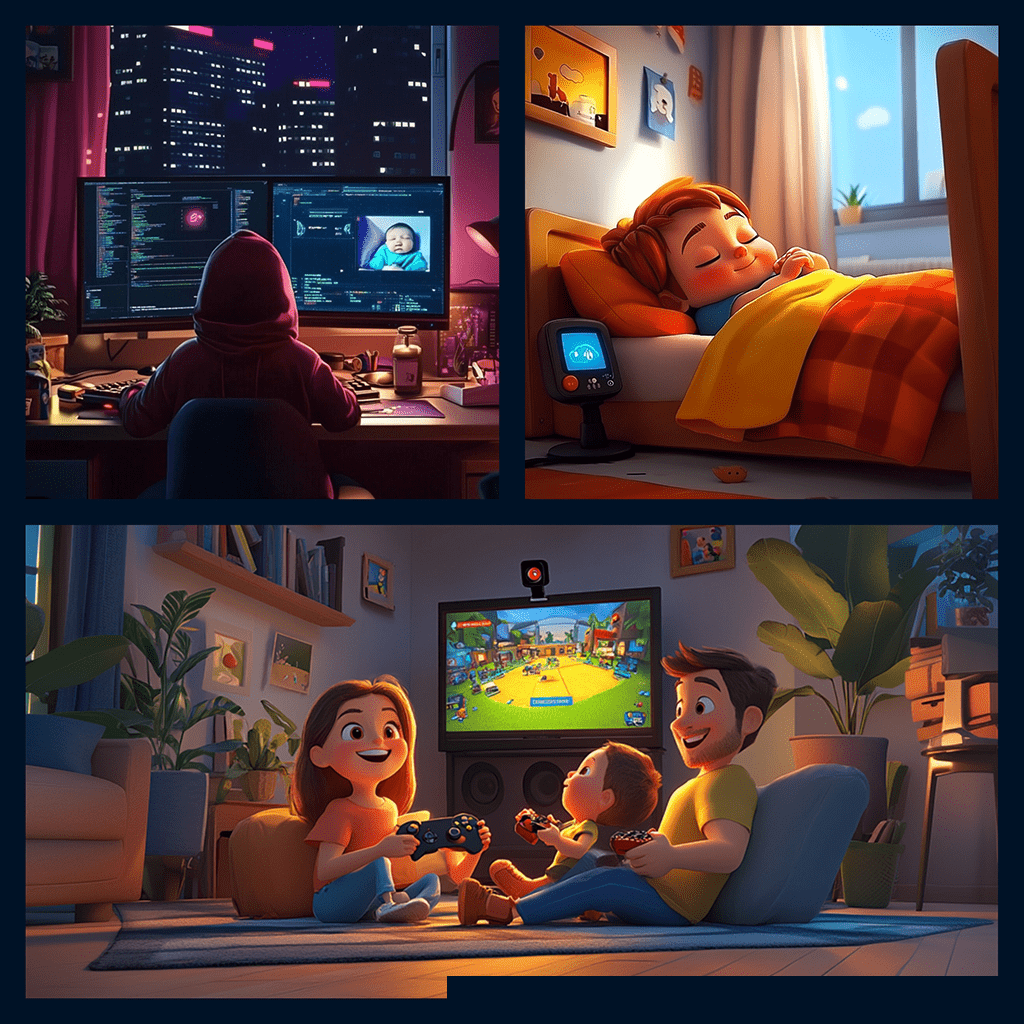 The image is a three-panel mosaic depicting various home activities: the top left shows a person working on multiple computer screens at night, the top right shows someone happily sleeping in a bright bedroom, and the bottom panel shows a family happily playing video games together in a living room.