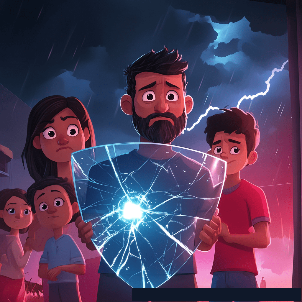 A distraught man with a beard holds a cracked, glowing blue shield while a worried family stands behind him under a stormy, lightning-filled sky.