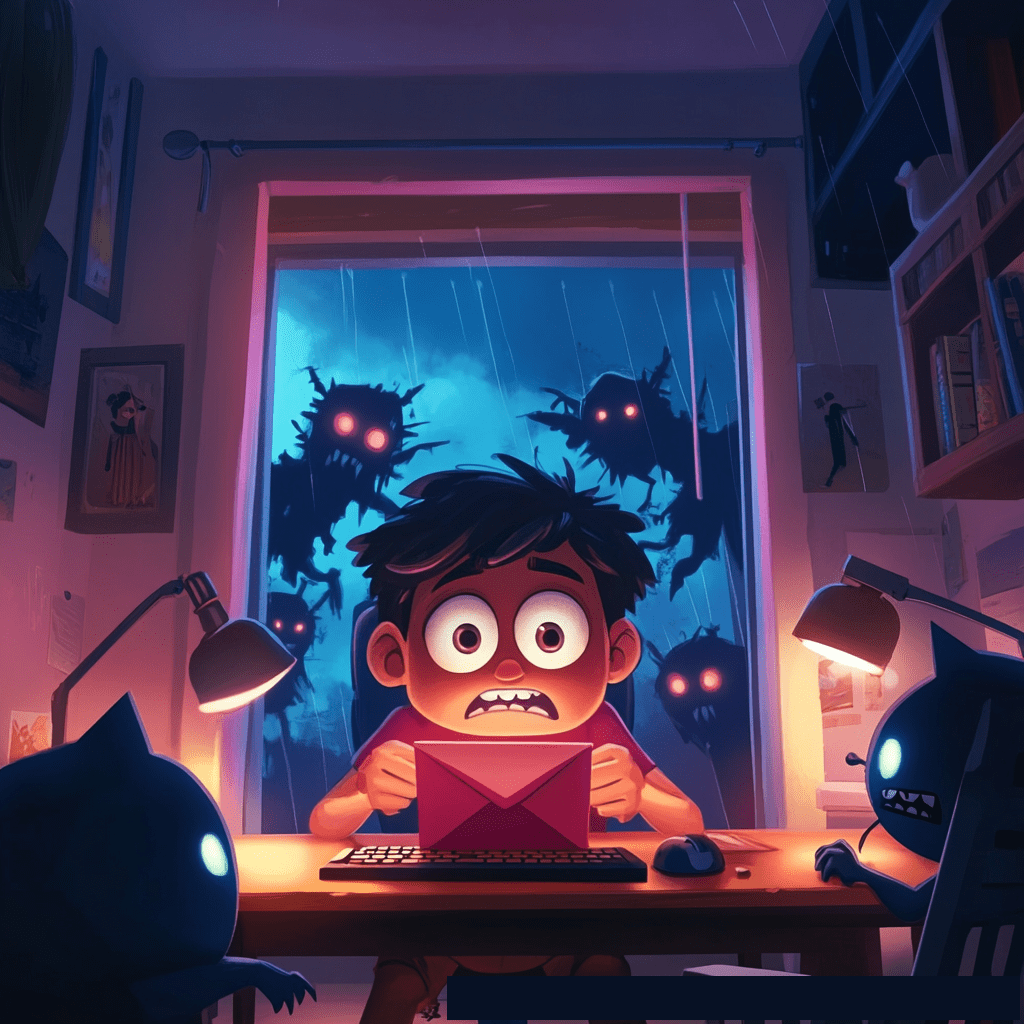 A terrified child sits behind the desk holding a big envelope, surrounded by glowing-eyed shadowy monsters inside the room and lurking ominously outside a window where rain is falling.