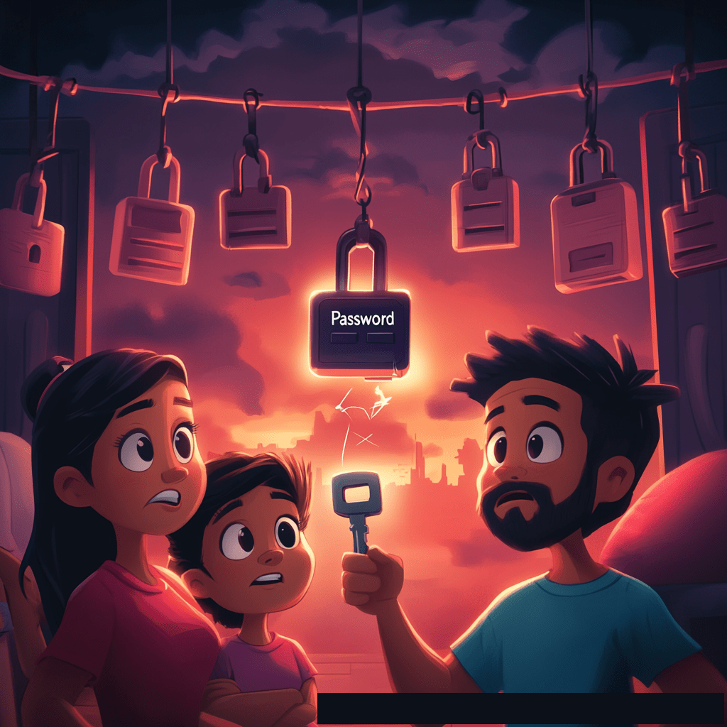 A family of three, looking concerned, watches as a glowing key held by the father appears to interact with a prominent "PASSWORD" padlock hanging from a row of other locks against a dramatic, sunset-like sky.