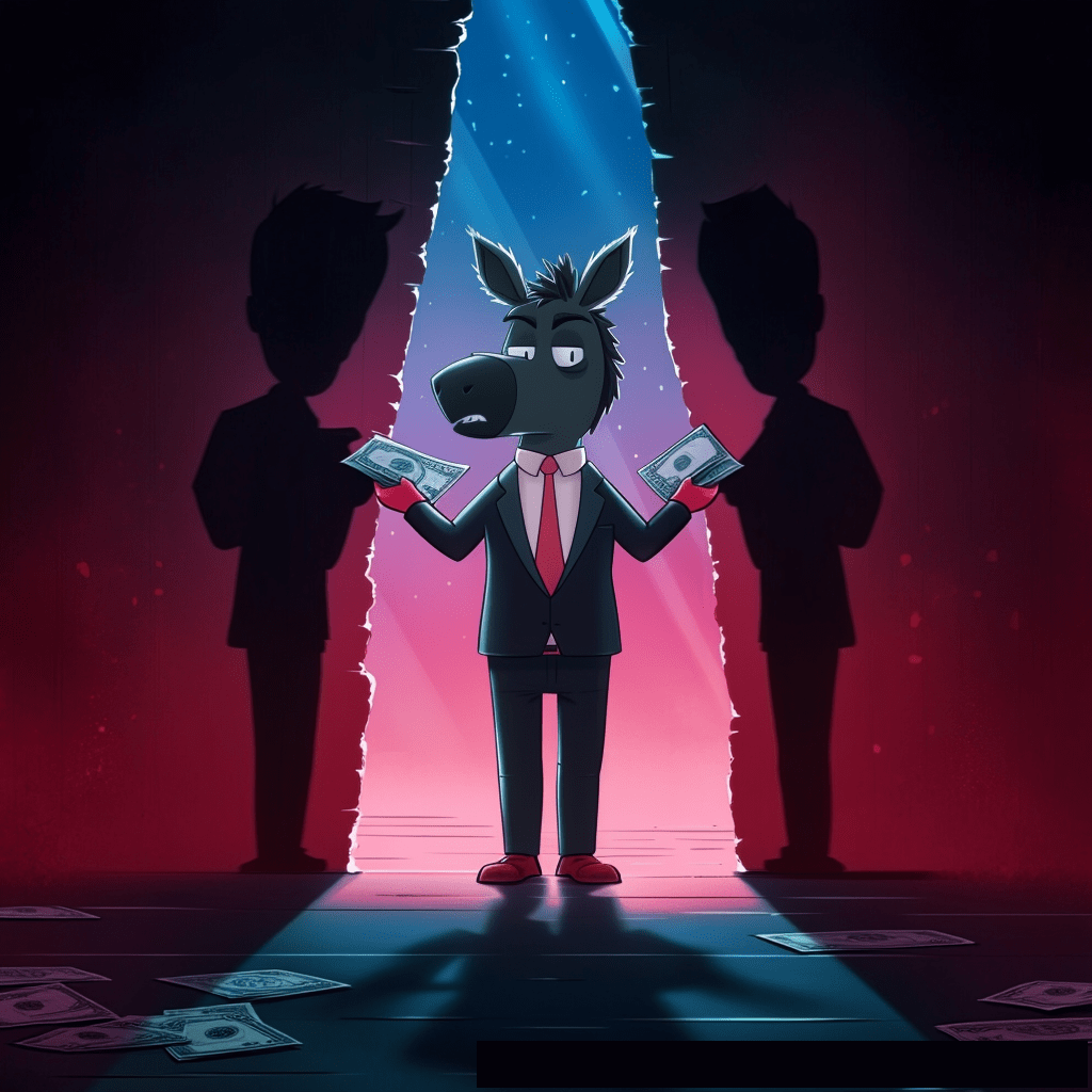 A humanoid mule character in a suit and red tie stands in a spotlight, holding cash in both hands, with two shadowy human figures looming in the background and scattered money on the floor, all against a dramatic red and blue backdrop.