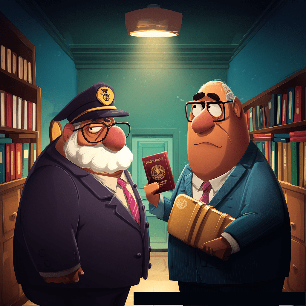 Two stout, older men, one in a uniform cap with a gold emblem and the other in a suit holding a gold document case and a small, red passport-like booklet, stand facing each other in a room lined with bookshelves.