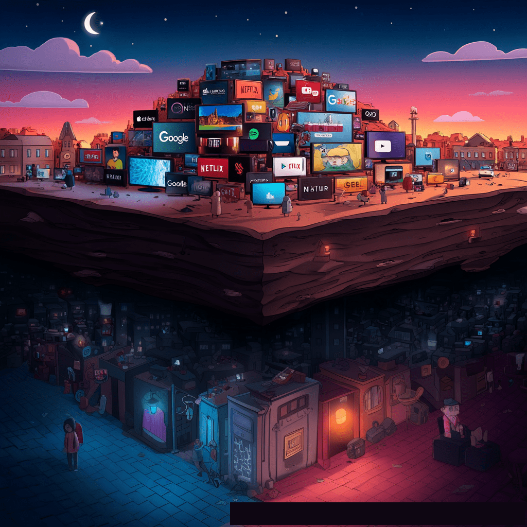The image depicts a landscape split horizontally: the top half shows a city with a large mound of glowing screens displaying various app and streaming service logos under a twilight sky, while the bottom half reveals a hidden, darker underbelly of the city with obscured buildings and subtle figures.