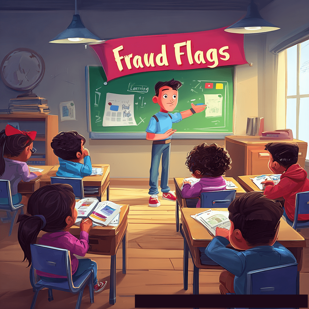 A trainer points at a chalkboard displaying "Fraud Flags" as he instructs a classroom of young, attentive students sitting at their desks.
