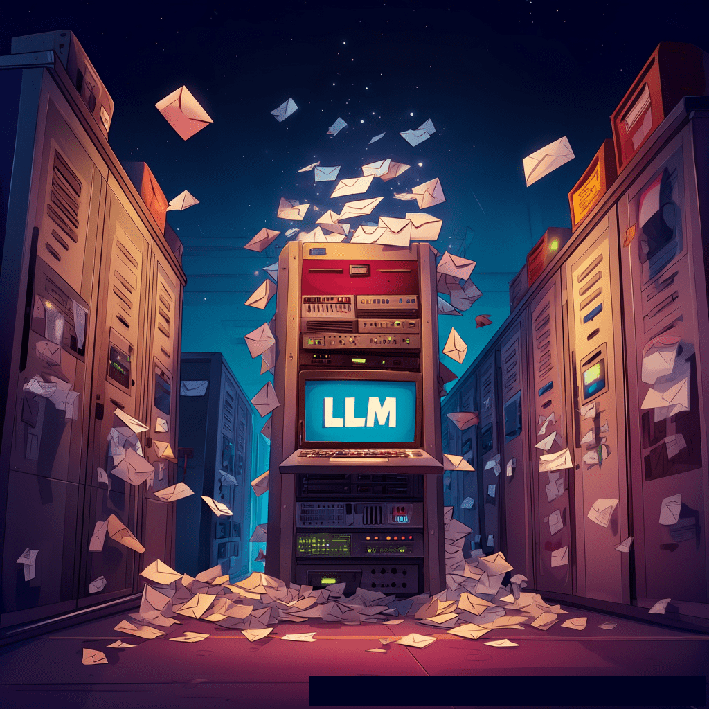A glowing server rack with "LLM" displayed on its screen is surrounded by a whirlwind of flying envelopes and piles of envelopes at its base, all set between rows of other servers under a starry night sky.