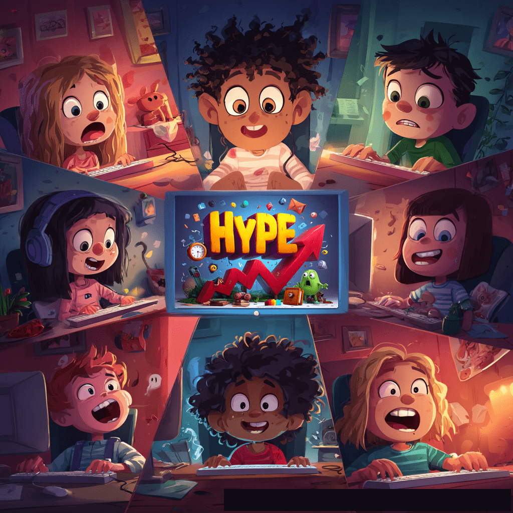 A group of diverse children are depicted in a split-screen layout, each reacting with expressions ranging from excitement to alarm as they interact with computers, all centered around a glowing screen displaying the word "HYPE" with an upward-trending graph and small, mischievous creatures.