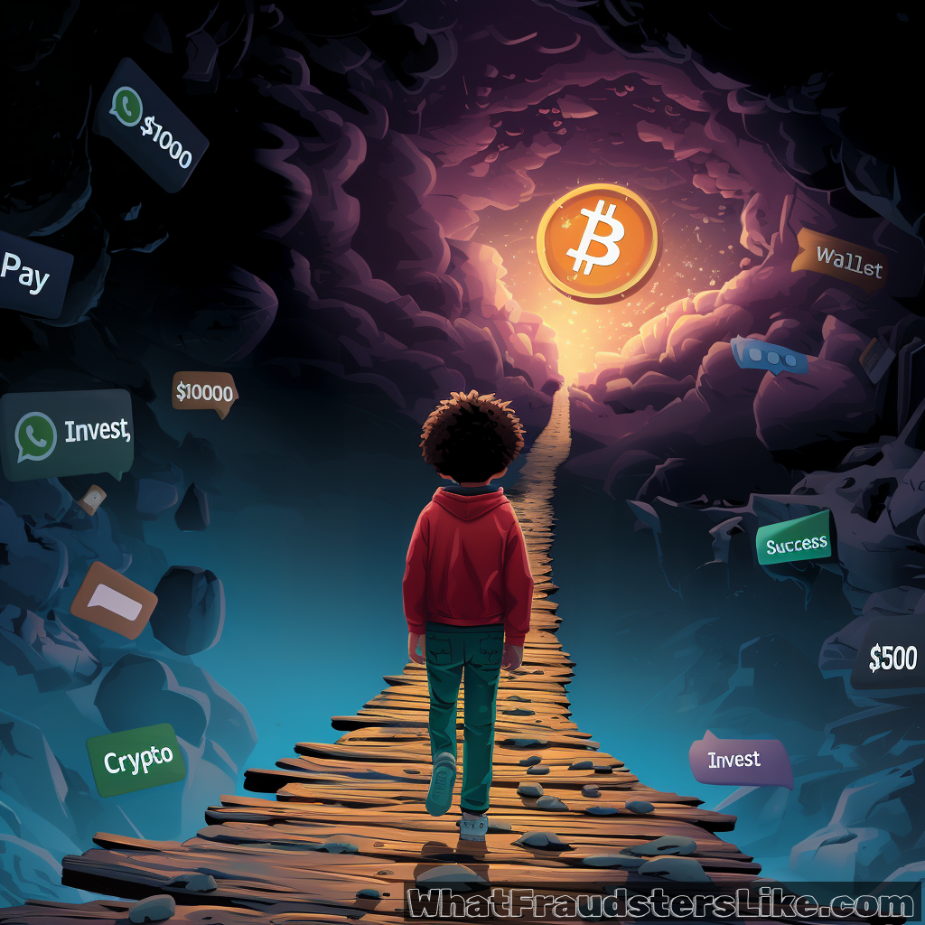 A young person with curly hair walks along a wooden bridge towards a glowing Bitcoin symbol in the distance, surrounded by floating text bubbles with words like "Invest," "Crypto," "Wallet," "Success," and monetary values, set against a mysterious, cloud-filled sky.