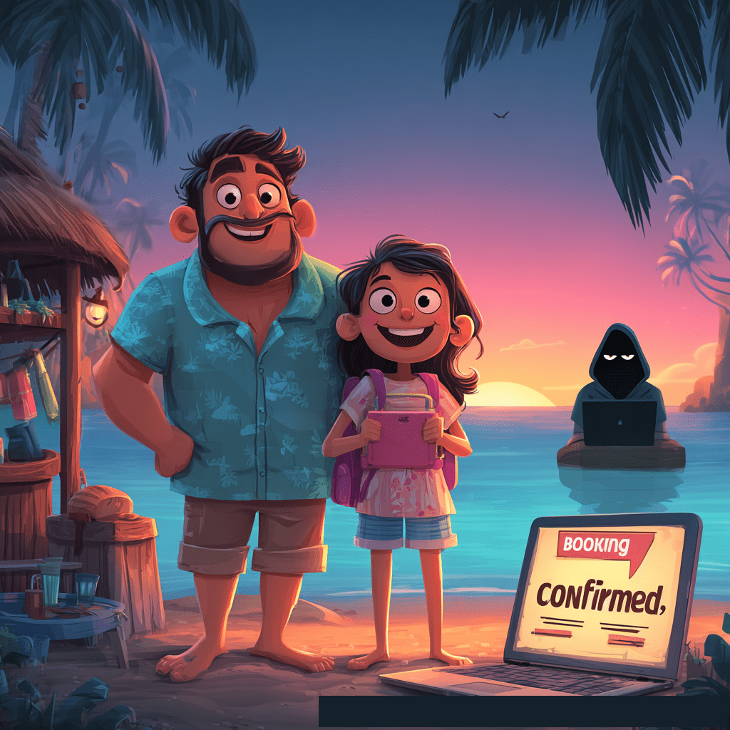 A cheerful father and daughter stand on a beach at sunset, with a laptop displaying "Booking Confirmed" in the foreground and a shadowy hooded figure on a small raft with a laptop in the background water.