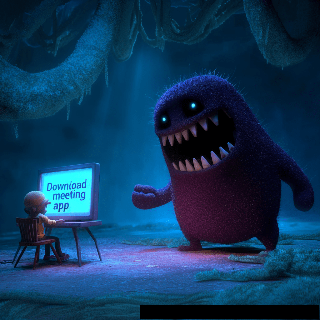 In a dark, cavernous setting with eerie blue lighting and mossy textures, a small person sits at a desk, looking at a glowing monitor that reads "Download meeting app." Looming over them is a large, furry purple monster with glowing blue eyes and sharp, jagged teeth, symbolizing a hidden threat. The image visually represents the risk of malware or "meeting trap" scams, where users are tricked into downloading malicious software under the guise of a legitimate tool.