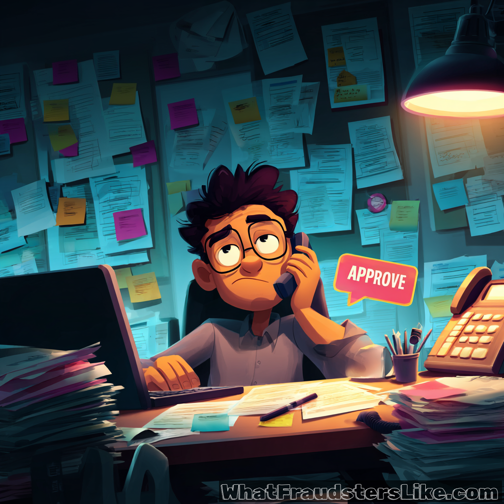 A bespectacled man with a tired expression sits at a desk overflowing with papers, talking on the phone while looking at his computer, with a prominent red "APPROVE" button floating in a thought bubble near his head.