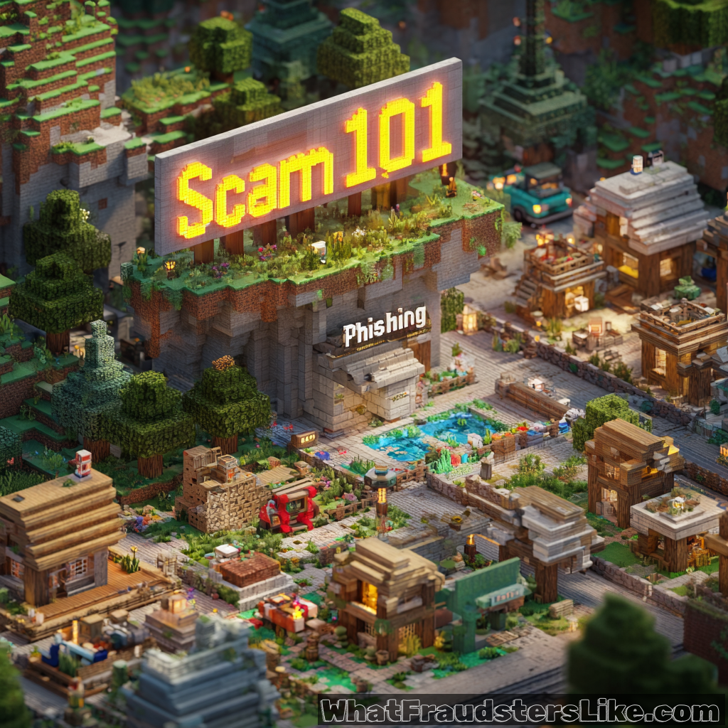 The image depicts a miniature, blocky village, reminiscent of the Minecraft style, where a large, glowing "Scam 101" billboard sits atop a stone structure with an entrance labeled "Phishing," all overlooking a bustling town square.