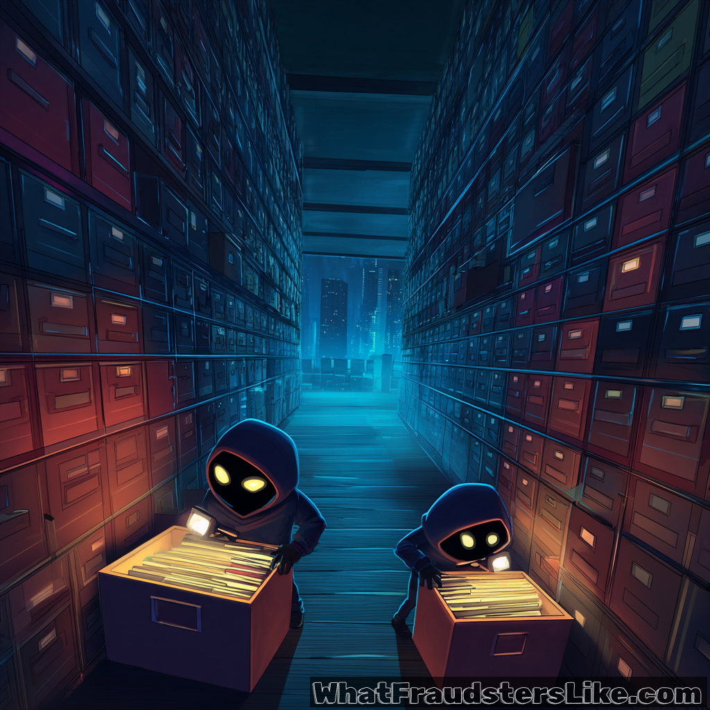 Two small, hooded, shadowy figures with glowing yellow eyes are seen rummaging through open file drawers in a dark, sprawling archive room, with a city skyline visible in the distance.