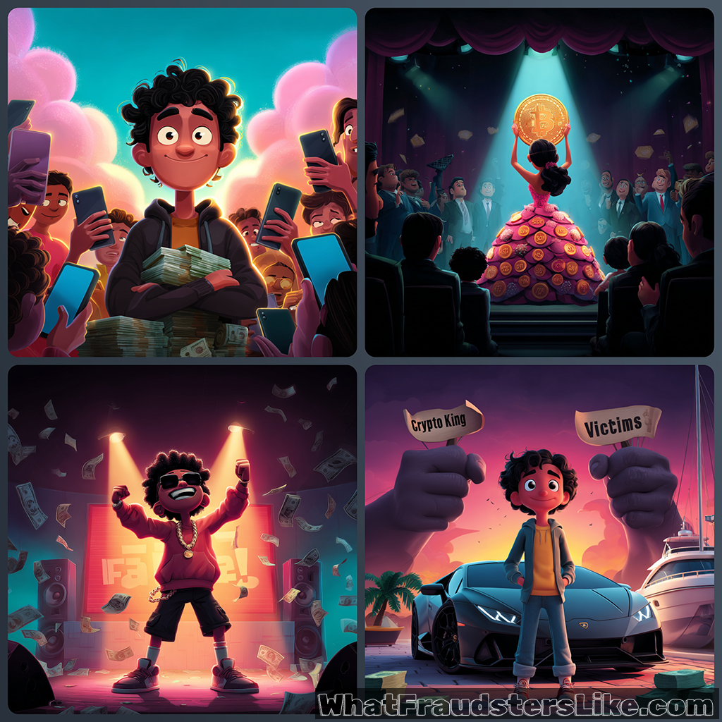 The image is a four-panel mosaic. The top-left panel shows a young man smiling with folded arms, surrounded by money and people taking his picture with their phones. The top-right panel shows a woman in a dress made of gold coins, holding a large Bitcoin up on a stage. The bottom-left panel shows a young boy in sunglasses and a hoodie standing on a stage with money falling all around him. The bottom-right panel shows the same young man from the first panel standing confidently next to a luxury car at a marina, with giant hands in the background holding signs that say "Crypto King" and "Victims."