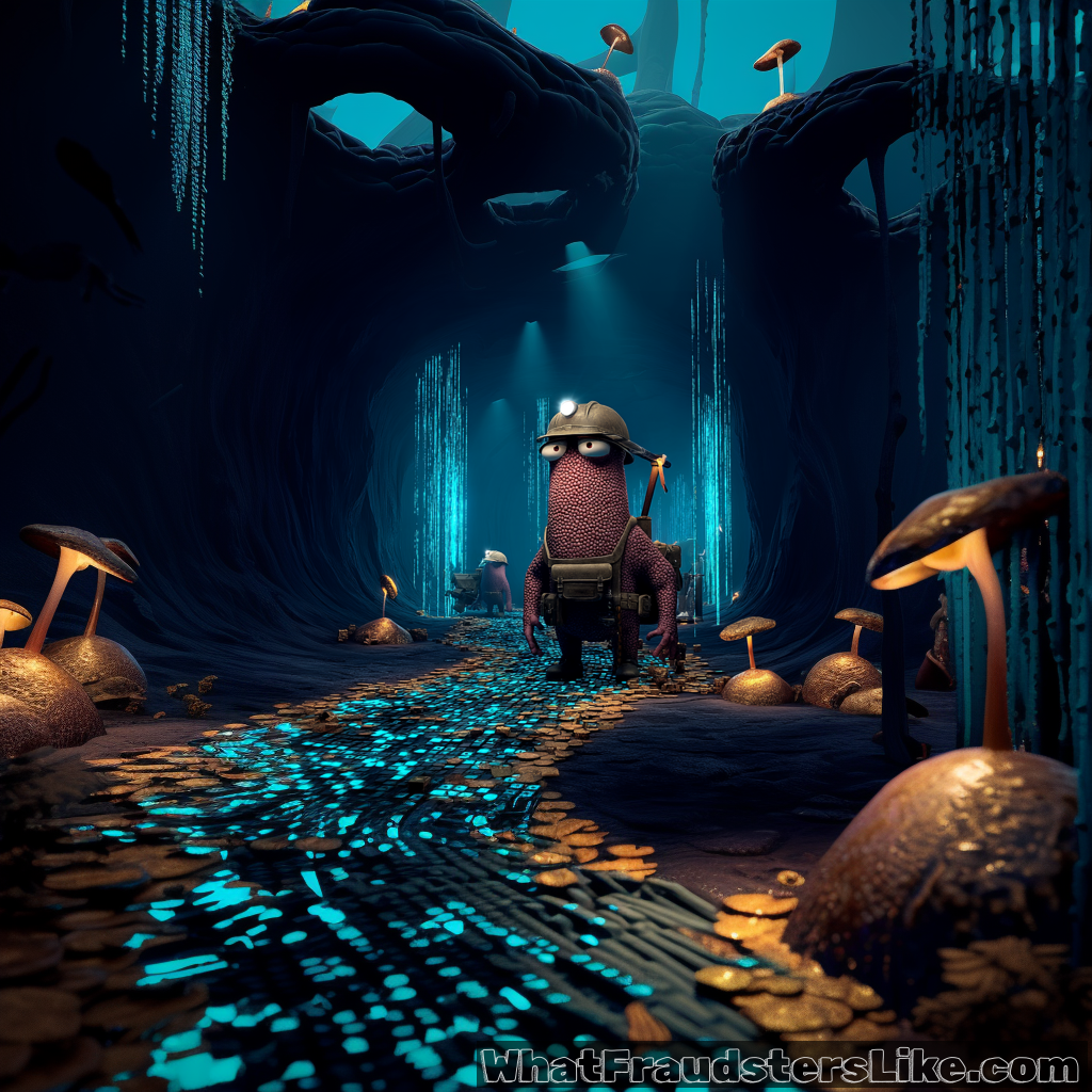 A small, red, textured creature wearing a mining helmet and vest stands on a glowing blue and gold path within a dark, cavernous, mushroom-filled underground environment.