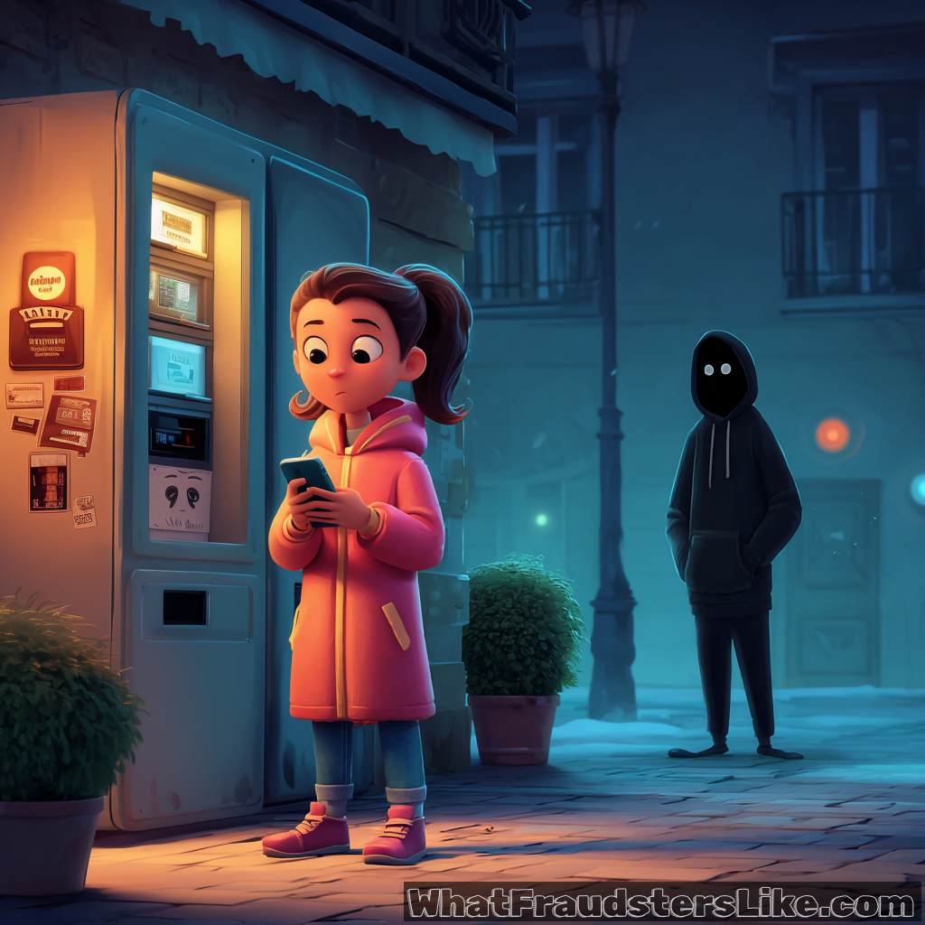 A young girl in a pink coat stands in front of a smart locker, looking at her phone, while a shadowy figure with blank black eyes looms behind her in the dark street.