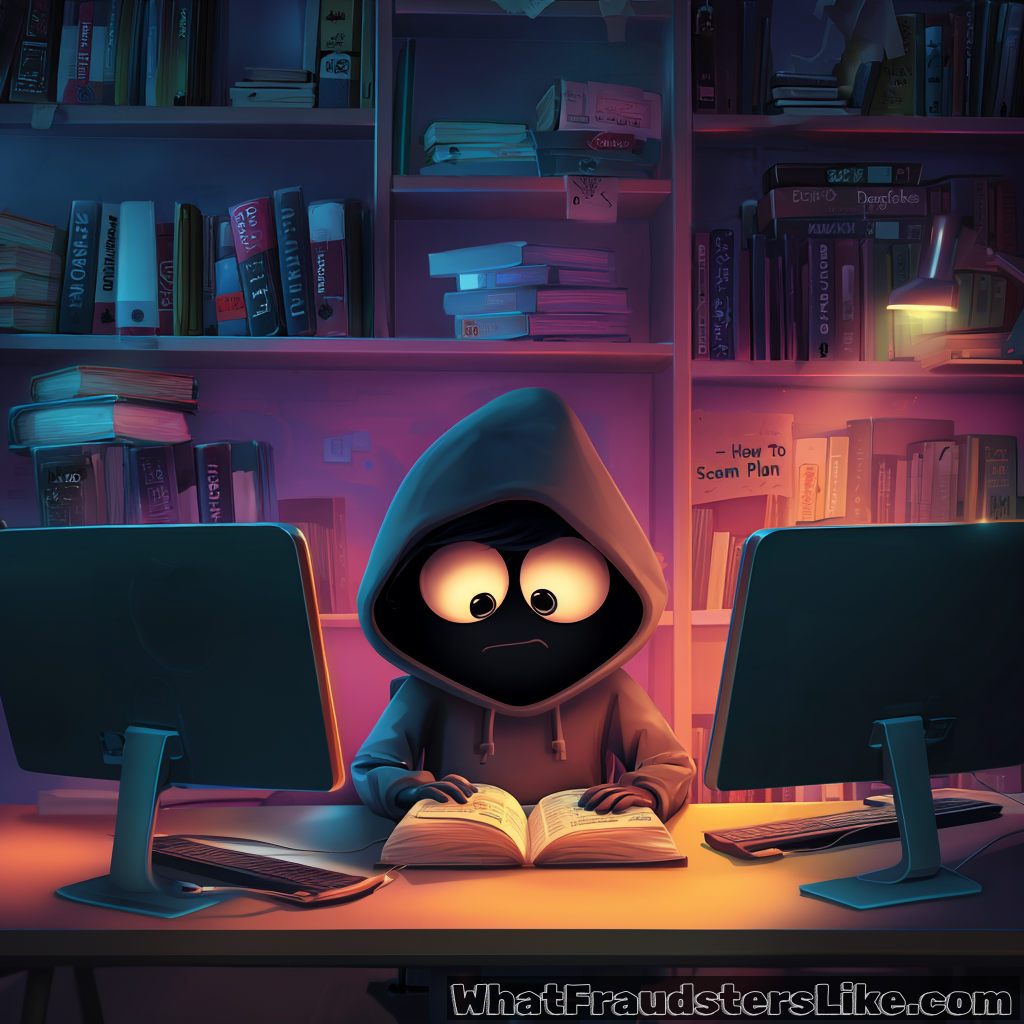 A hooded, cartoon-like figure with large, wide eyes sits at a desk between two computer monitors, studying a book titled "How To Scam Plan" in a dimly lit room with bookshelves.