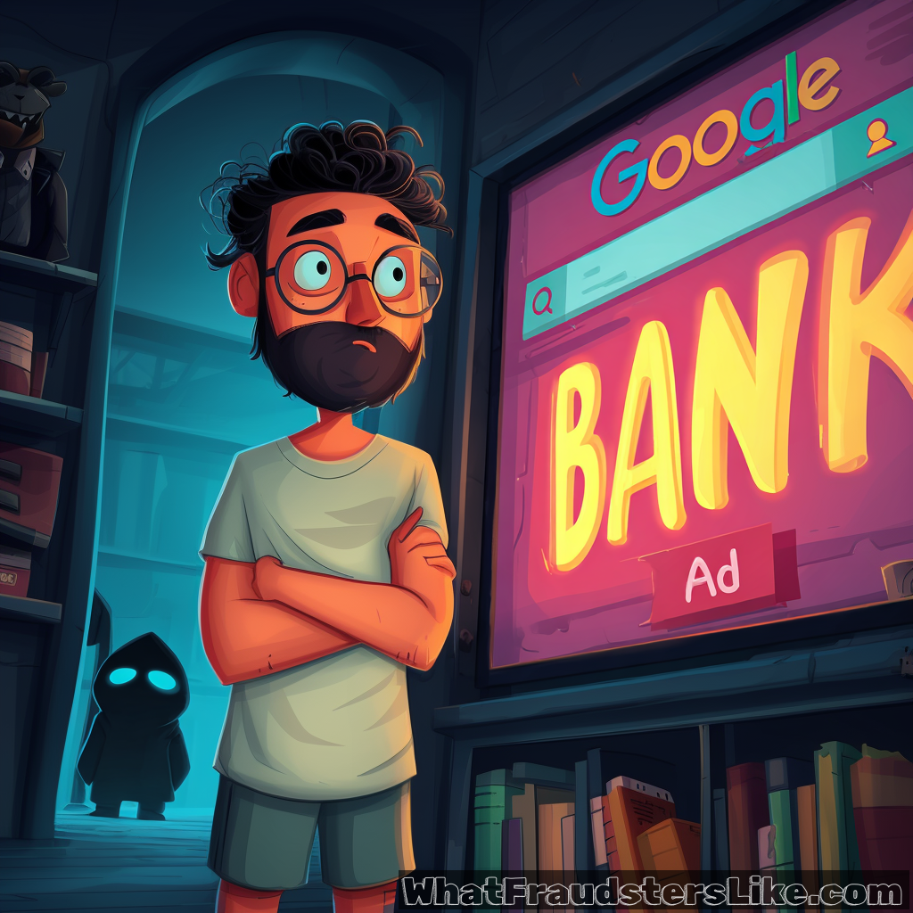 A concerned, bespectacled man with a beard stands with his arms crossed, looking at a large screen displaying a glowing Google search page with an "Ad" for a bank, while a small, shadowy hooded figure with blue eyes lurks in the background.
