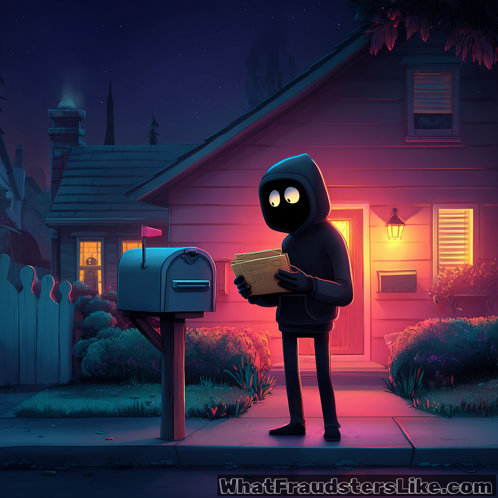 A cloaked figure with large, glowing eyes stands outside a suburban house at night, holding a stack of mail that they have just retrieved from a mailbox in search for chequebook.