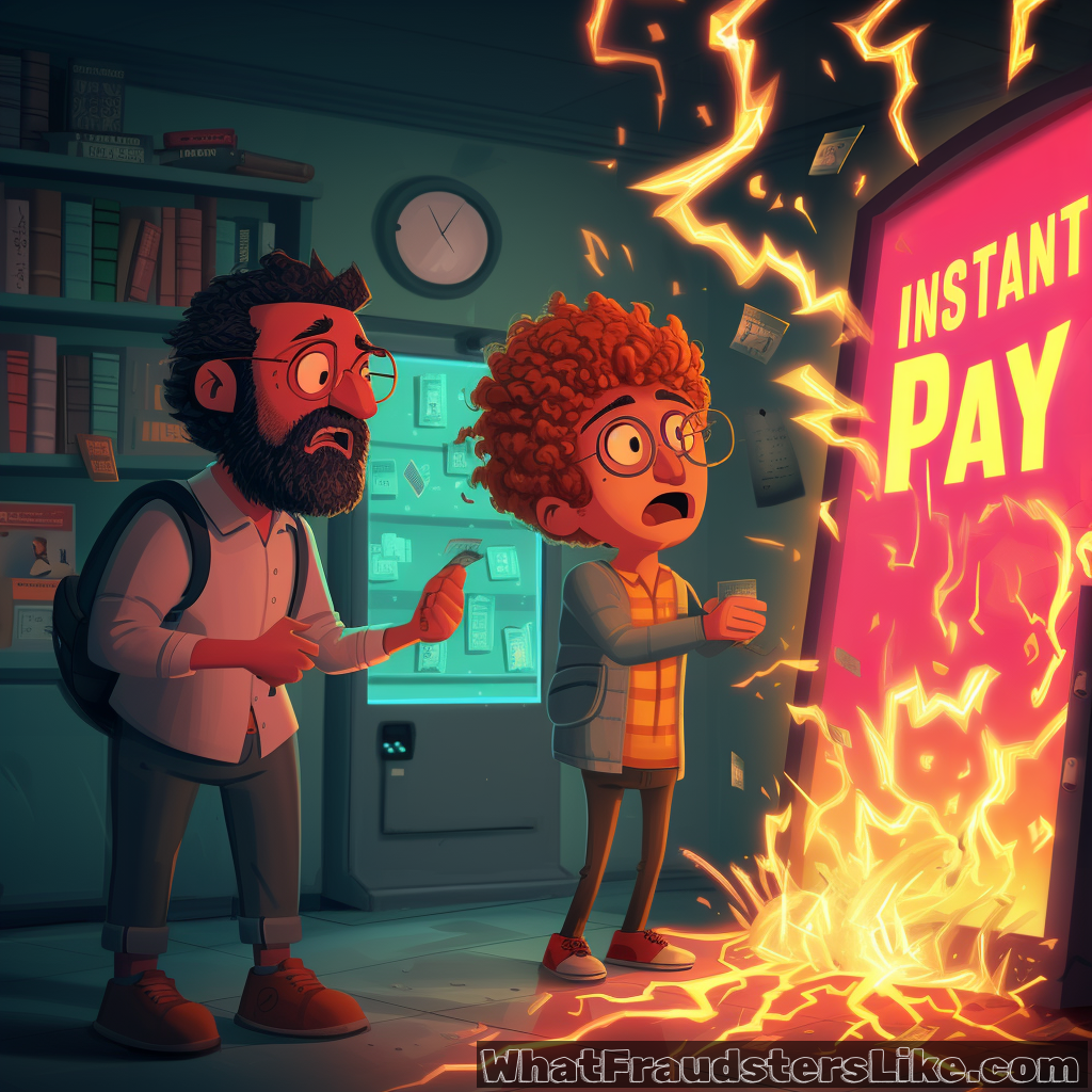 Two shocked men stand in a room, staring in horror as a "INSTANT PAY" terminal bursts with fiery, lightning-like energy and pulls in the cash.