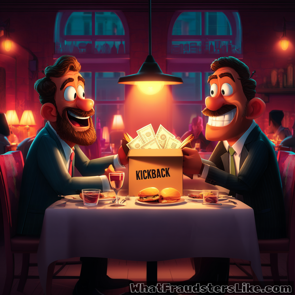 Two men in business suits sit at a restaurant table, smiling conspiratorially as they pass a box labeled "KICKBACK" filled with bundles of cash between them.