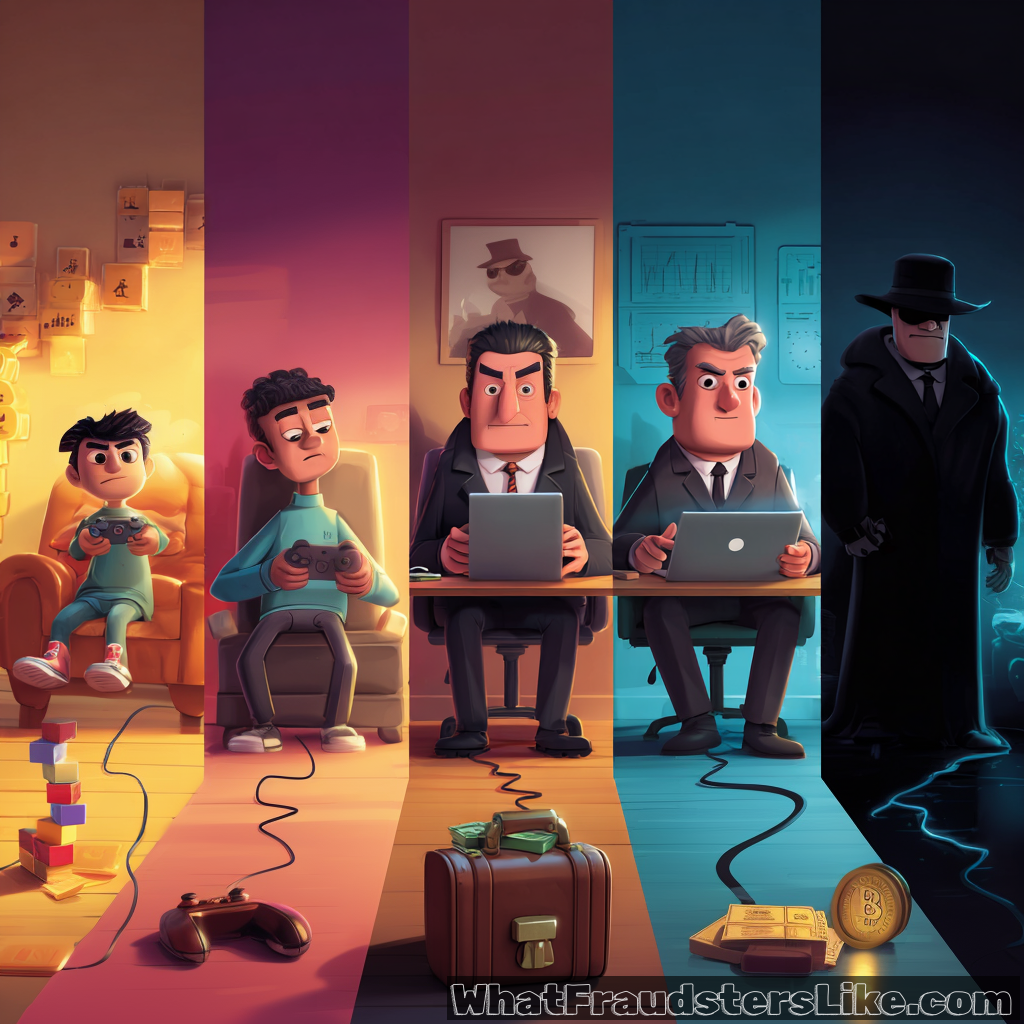 The image is a vertical five-panel comic strip showing a fraudster's evolution. It begins with a young boy playing a video game, then shows him as a teen doing the same, followed by a professional man in a suit at a desk, then a more corporate figure with a laptop, and finally a sinister, well-dressed villain standing over a Bitcoin.