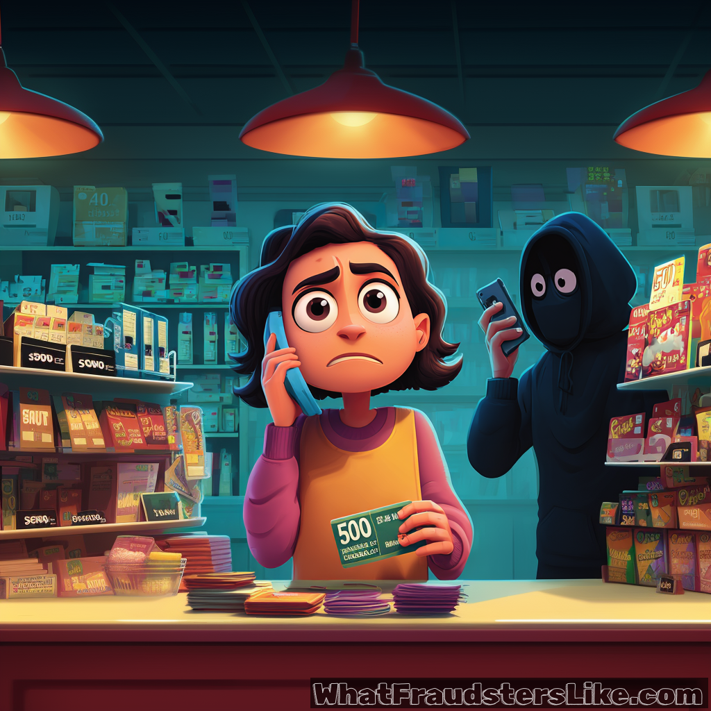A nervous customer talks on a phone while holding a gift card marked "500," completely unaware that a shadowy, hooded figure is standing directly behind her, secretly monitoring her on their own phone.