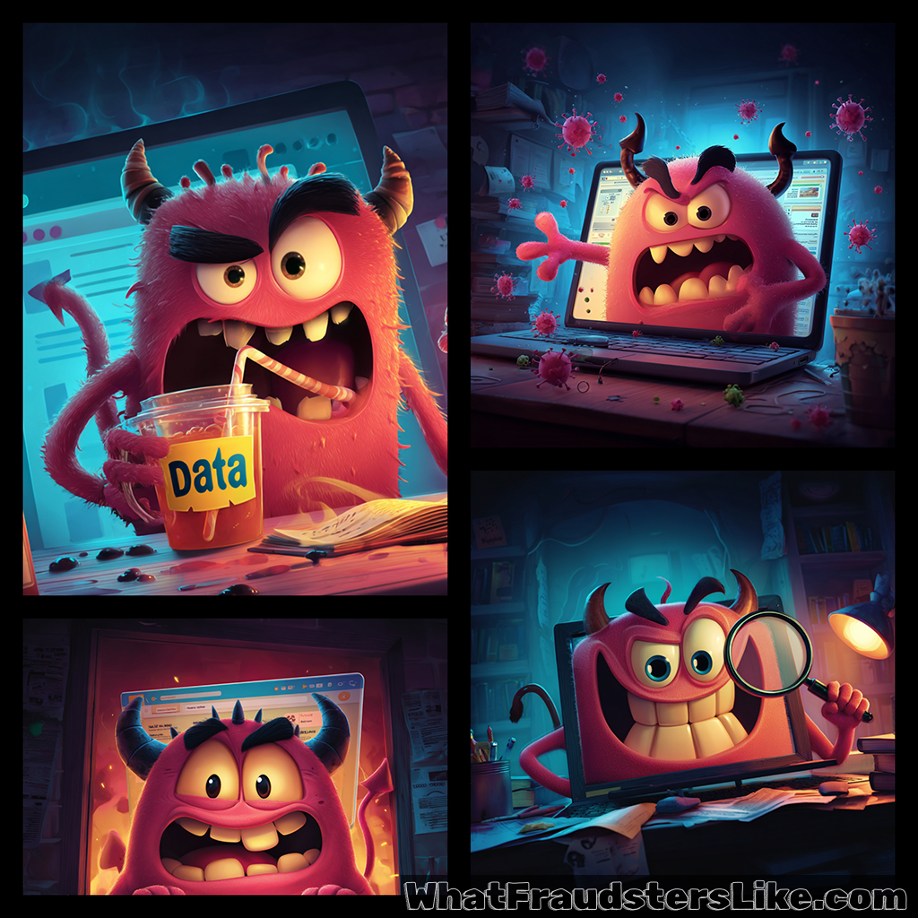 Four-panel mosaic featuring a cartoonishly evil, horned, pink monster, illustrating various activities: the top-left shows it happily drinking from a cup labeled "Data," the top-right shows it aggressively emerging from a laptop screen surrounded by virus symbols, the bottom-left shows a close-up of its face filling a browser window, and the bottom-right shows it peering through a magnifying glass from inside a screen.