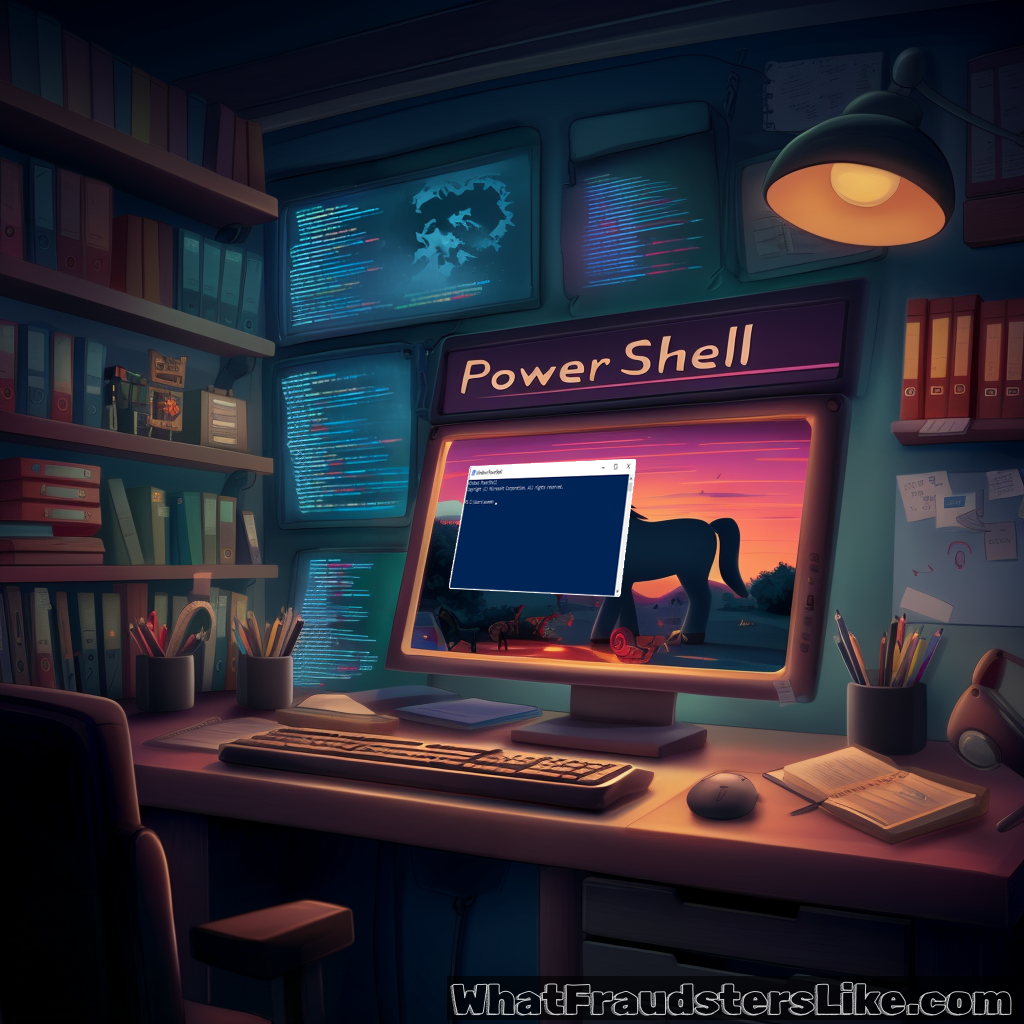 A desktop computer monitor prominently displays the text "PowerShell" on a banner above the screen, which shows a command window overlaid on a scenic sunset background with a horse, all set within a dimly lit, cluttered home office surrounded by books and multiple auxiliary monitors displaying code.