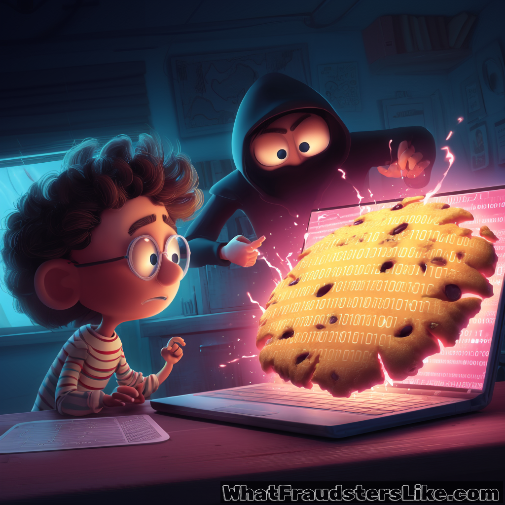 A wide-eyed boy wearing glasses looks startled as a large, glowing cookie covered in binary code erupts from his laptop screen, while a shadowy, hooded figure reaches over his shoulder, pointing at the screen.