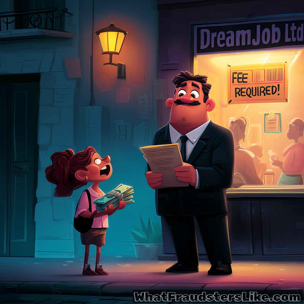 A distressed young woman is seen holding a large stack of cash, offering it to a serious-looking man in a suit who holds a document, standing outside an office window labeled "DreamJob Ltd" with a prominent sign reading "FEE REQUIRED!"