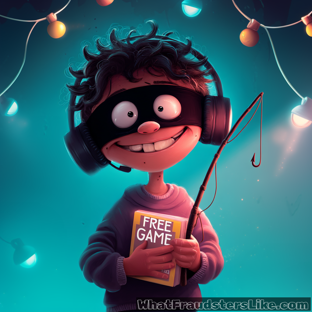 A grinning, cartoonish figure with a black eye mask and headphones holds a book labeled "FREE GAME" and a fishing pole with a hook, with glowing lights and strings in the background.