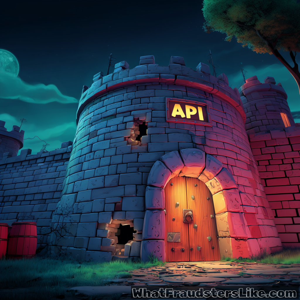 A fortified stone castle wall with a glowing "API" sign above the main wooden gate shows signs of decay, with visible cracks and holes, set against a mysterious night sky with a full moon.