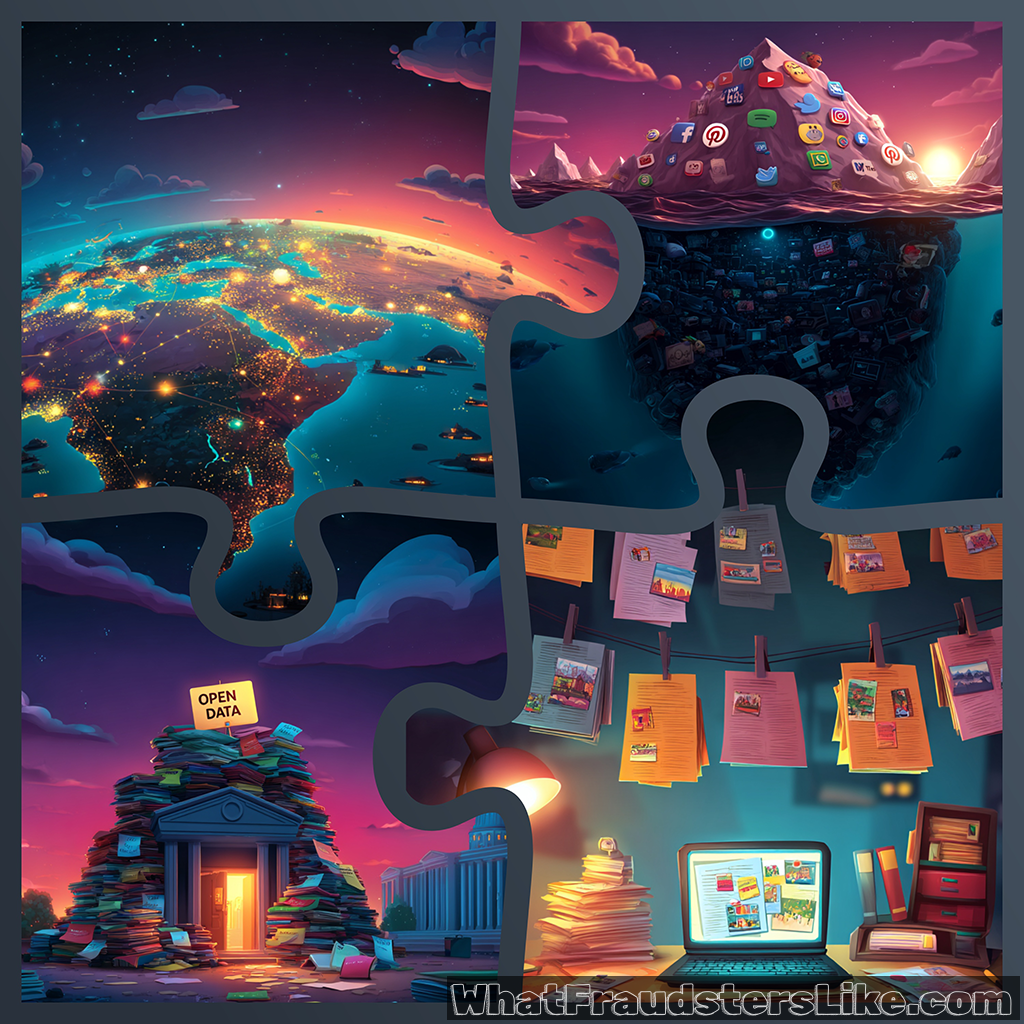 The image is a four-piece puzzle mosaic illustrating the exploitation of public data: the top-left shows a global view of city lights; the top-right features a mountain of social media icons looming over a pile of data; the bottom-left shows a building entrance labeled "OPEN DATA" buried under stacks of documents; and the bottom-right shows a desk with a laptop and a string of hanging documents and photos, all connected by the puzzle pieces.