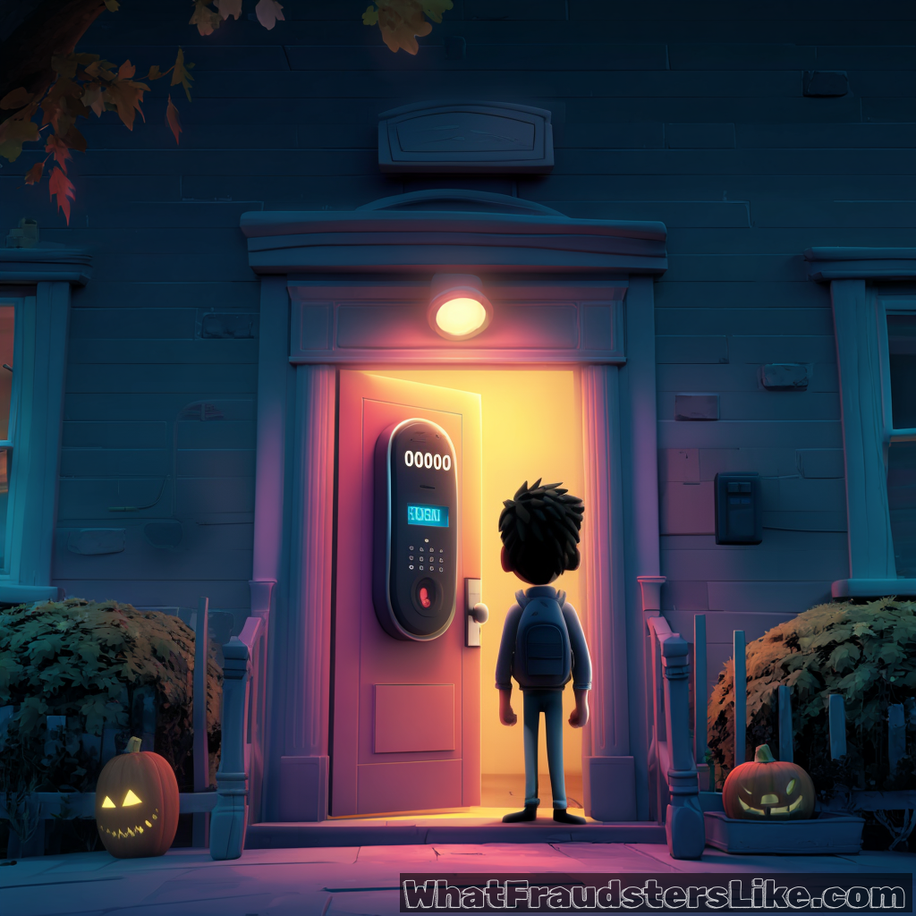 A fraudster with a backpack stands in front of an open doorway at night, facing a futuristic black smart lock displaying the default "00000" code he typed in, with two carved Halloween pumpkins glowing dimly on the front steps.