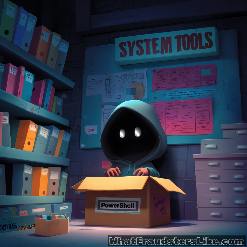 A hooded, cartoonish figure with large, glowing white eyes is emerging from a cardboard box labeled "PowerShell" in a dark storage room, with shelves of binders and a notice board titled "SYSTEM TOOLS" behind them.