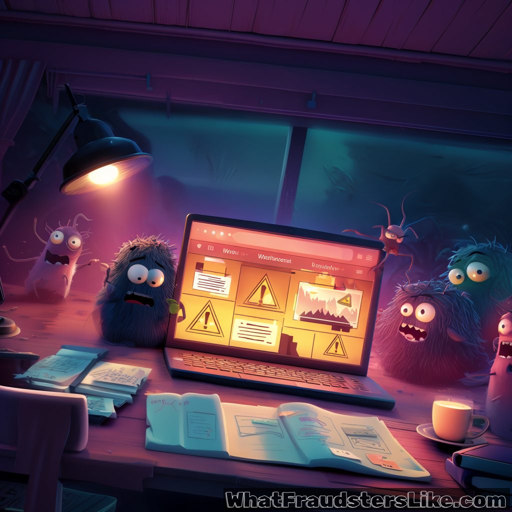 Fuzzy pink monsters - representing malware and bugs - with wide, toothy grins and frantic expressions swarm around an open laptop displaying a website management dashboard, suggesting a viral infection or malicious takeover of a WordPress-style site.