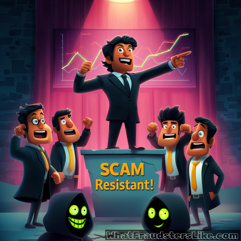 A man in a suit stands confidently on a podium labeled "SCAM Resistant!" and points toward a glowing line chart, while a group of cheering men in suits gathers behind him and two hooded, grinning figures with glowing green eyes watch from the foreground.