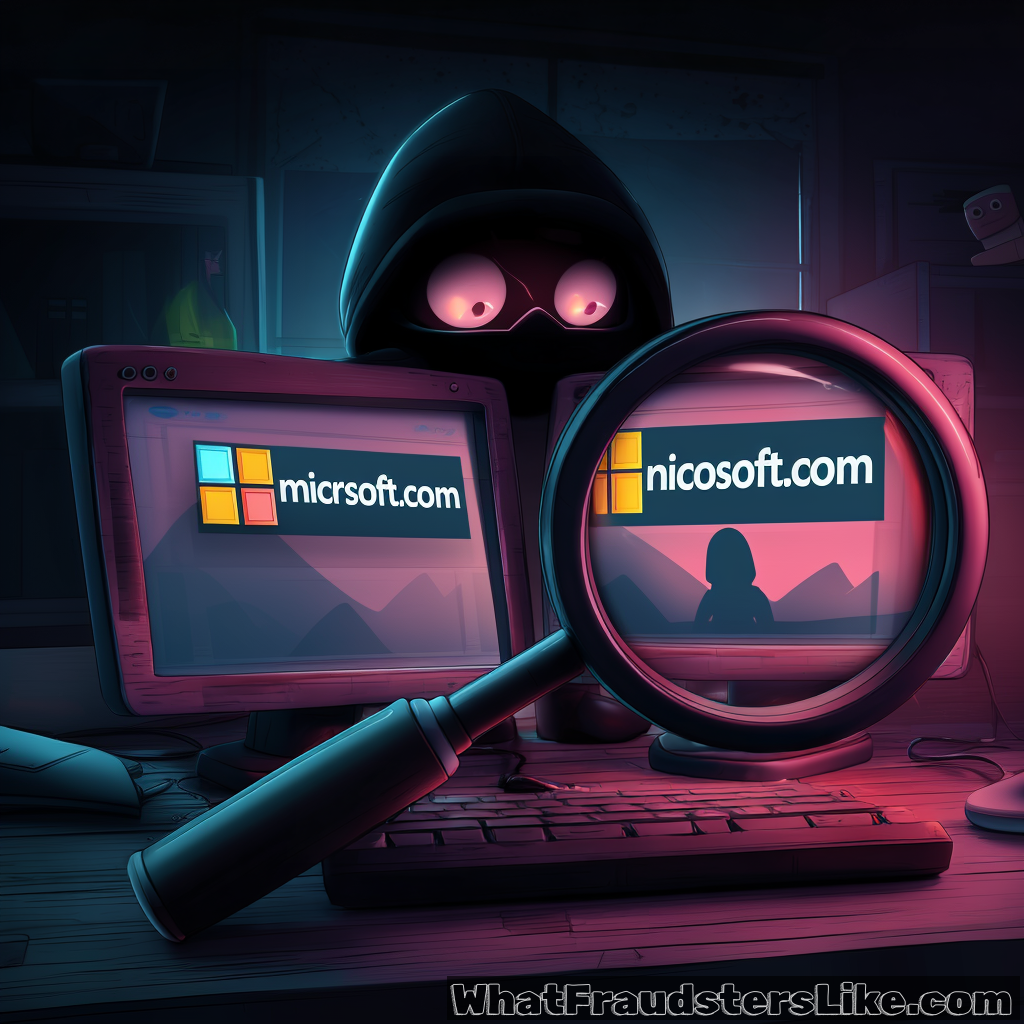 The left monitor displays a logo resembling Microsoft with the text "micrsoft.com" (missing the "o"). A large magnifying glass is held over the right monitor, revealing the text "nicosoft.com" (replacing "mi" with "ni"). The image uses a moody pink and blue color palette to represent a cybercrime setting, specifically illustrating a typosquatting phishing attack.