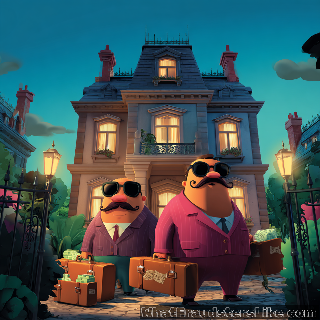 Two wealthy-looking cartoon men with mustaches and sunglasses stand in front of a grand mansion, each carrying large suitcases overflowing with stacks of cash.