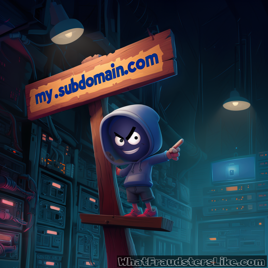 A small, mischievous hacker character in a blue hoodie and mask stands on a wooden signpost. The sign prominently displays the text "my.subdomain.com" in bold blue letters. The character is pointing toward a dark, tech-heavy background filled with server racks, glowing indicators, and computer monitors, suggesting a data center or server room. The imagery illustrates how fraudsters use legitimate-looking subdomains to bypass security filters and gain user trust for phishing or hosting malicious content.